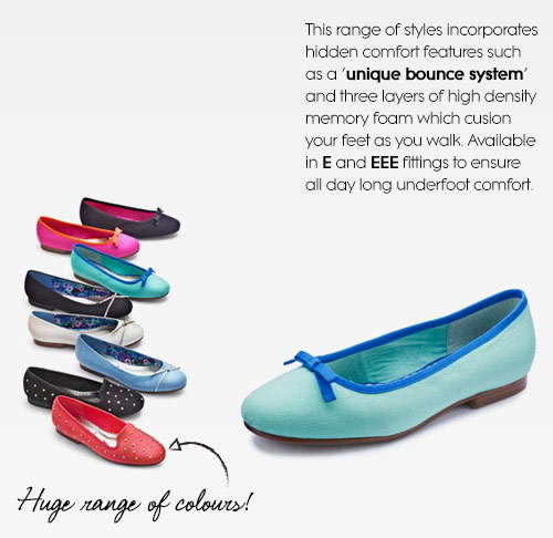 This range of styles incorporates hidden comfort features such as a unique bounce system' and three layers of high density memory foam which cusion your feet as you walk. Available in E and EEE fittings to ensure all day long underfoot comfort.