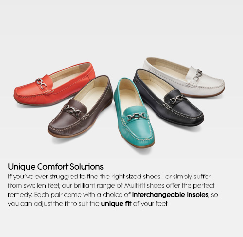 Unique Comfort Solutions If you've ever struggled to find the right sized shoes - or simply suffer from swollen feet, our brilliant range of Multi-fit shoes offer the perfect remedy. Each pair come with a choice of interchangeable insoles, so you can adjust the fit to suit the unique fit of your feet.