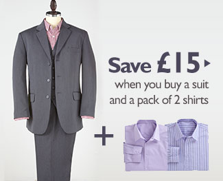 Save &pound;15 when you buy a suit and a pack of 2 shirts