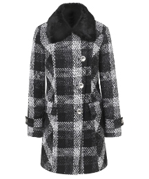 Fabulous versatile coat in striking black/white check fabric with luxurious faux fur detachable collar