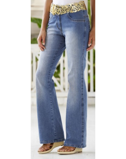 Bootcut jeans in denim or twill. Front zip fastening. Sandblasted. Side-back waist elastication. Mac...