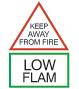 Keep Away From Fire & LOW FLAM logo