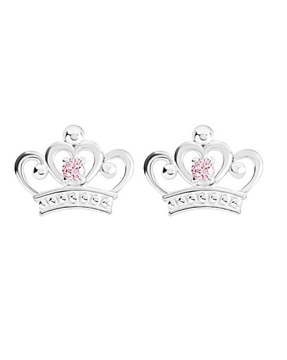Sterling Silver Disney Princess Crown Pink Stone Set Stud Earrings