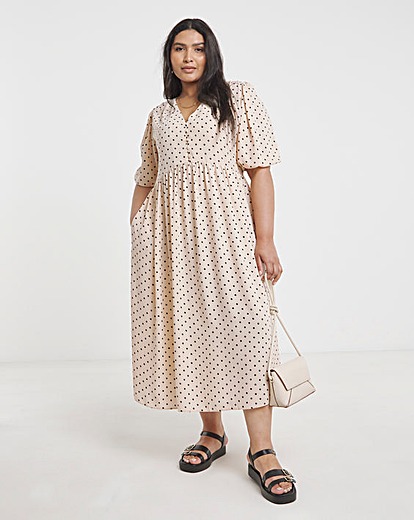 Spot Print Button Through Midi Dress With Pockets