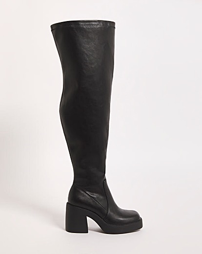 Birdie Stretch Over The Knee Heeled Boots Wide E Fit Curvy Calf 