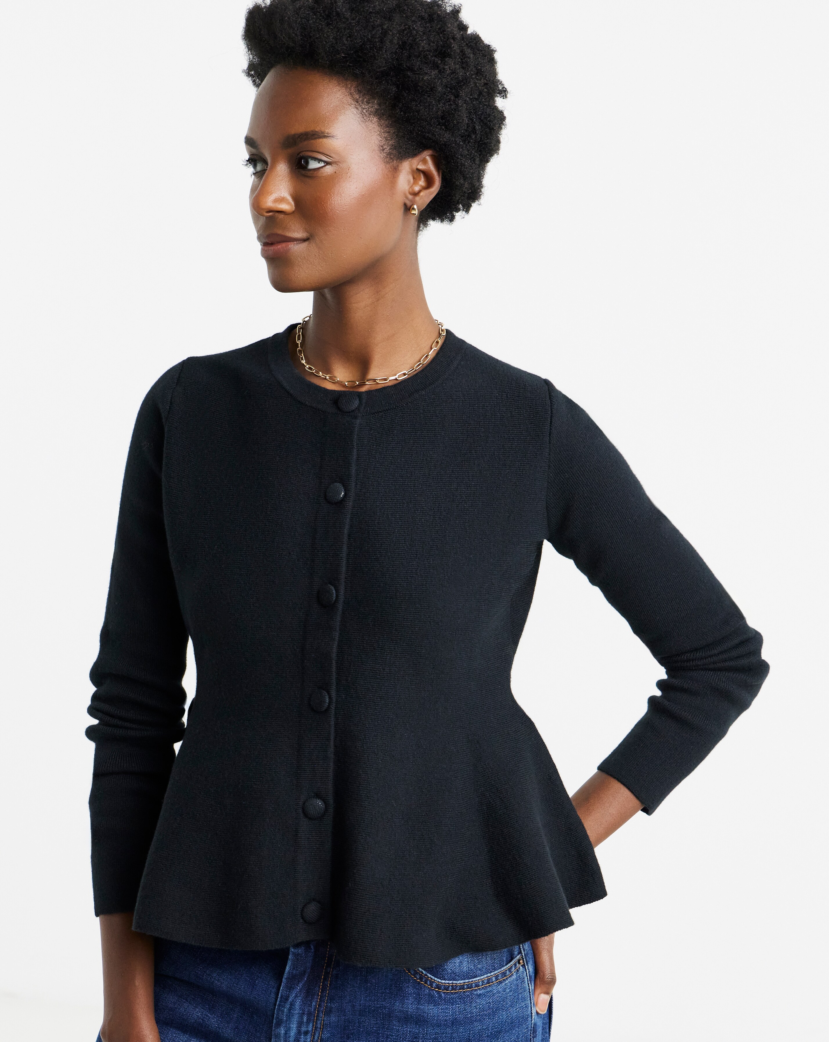 Round Neck Peplum Cardigan | Ambrose Wilson