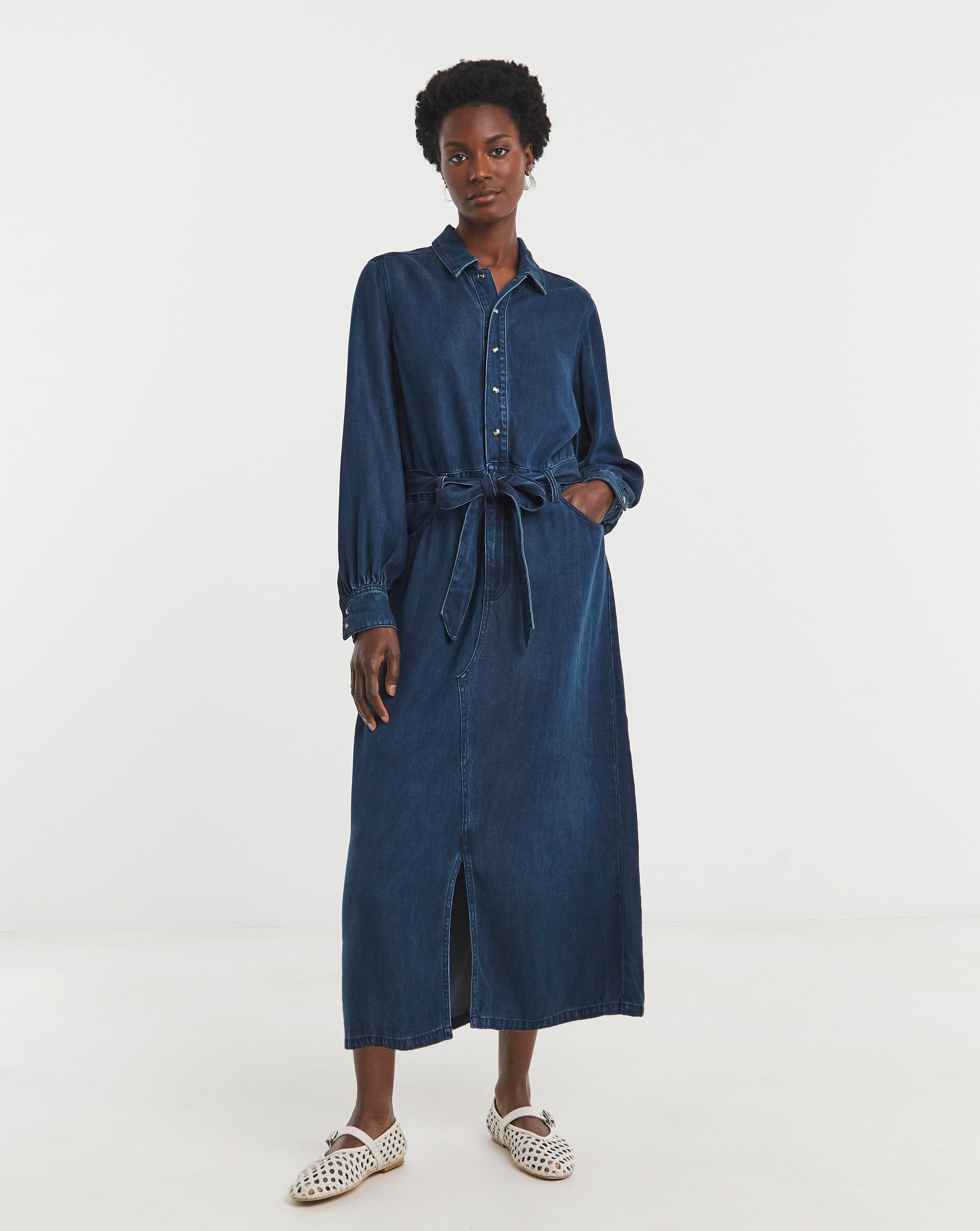 Mid Blue Denim Tiered Midaxi Dress | Ambrose Wilson