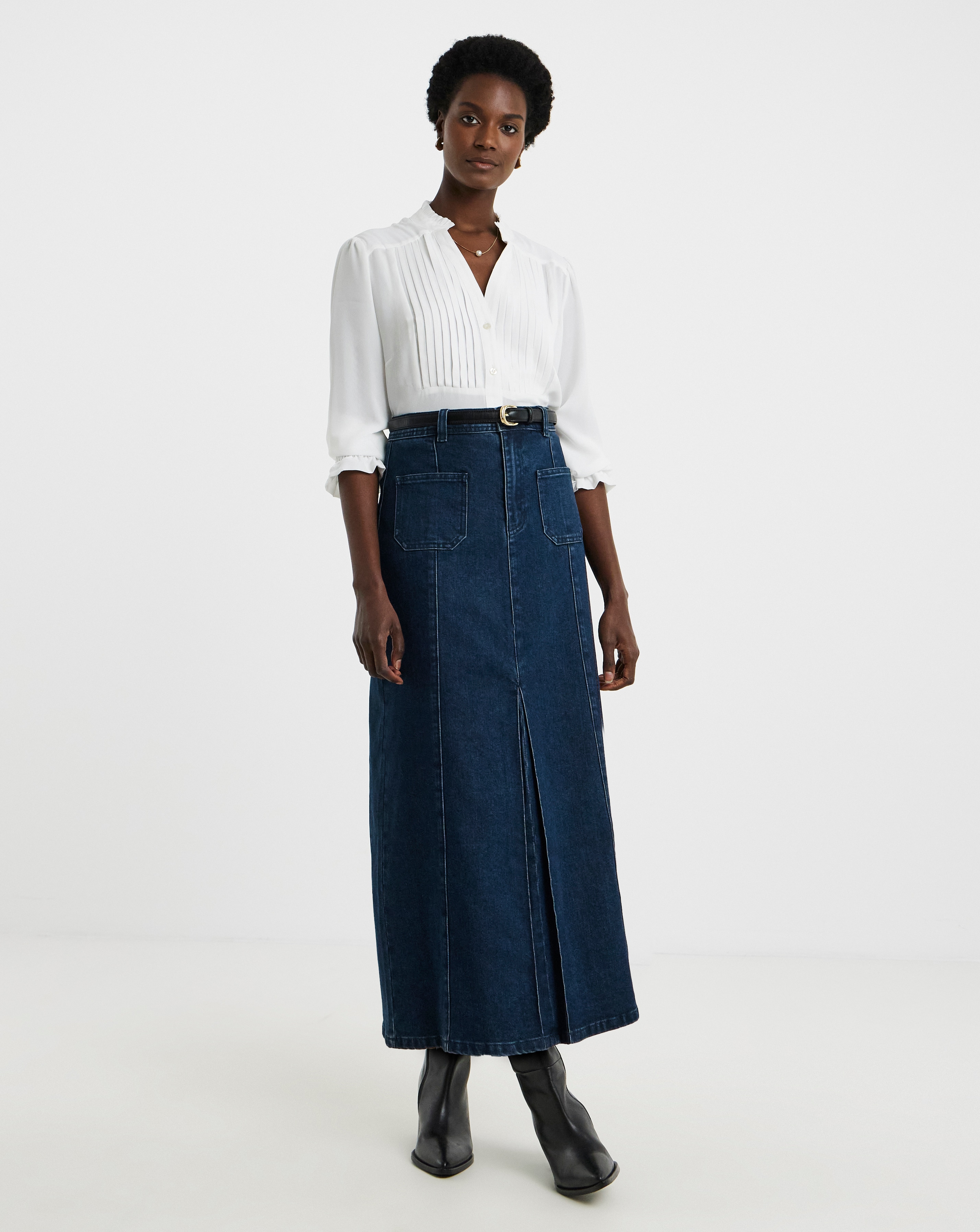 Mid Blue Elasticated Waist Midi Denim Skirt | Ambrose Wilson