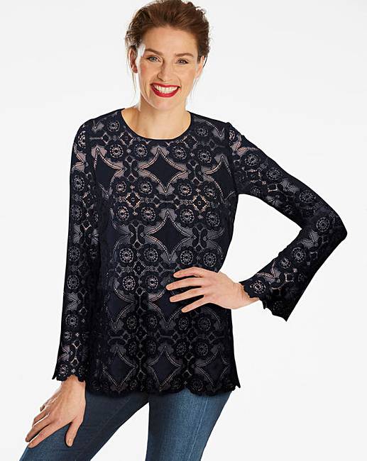 Navy Lace Top With Soft Fluted Sleeve | Ambrose Wilson