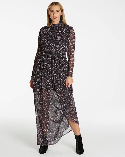 printed mesh maxi dress