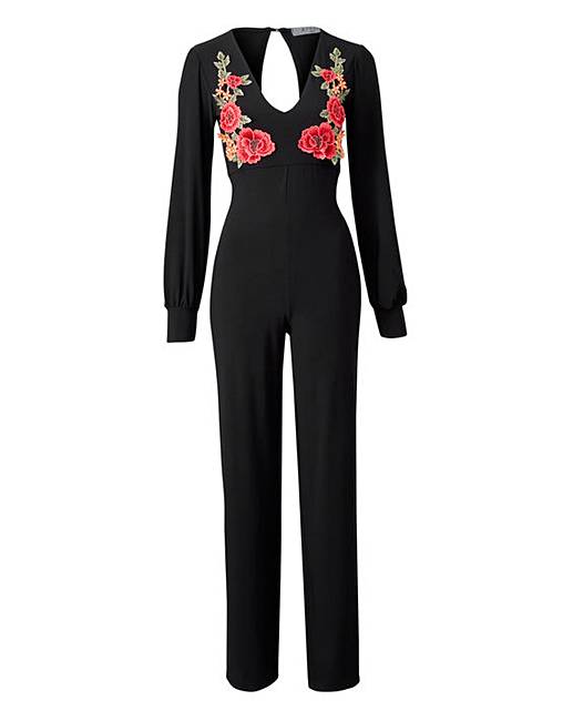 Black Embroidered Long Sleeve Jumpsuit | Simply Be