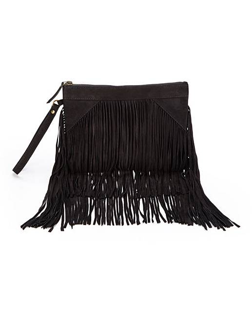 Black Suede Fringed Clutch Bag