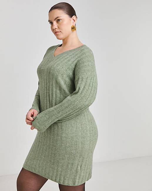 GreenRibFluteSleeveVNeckMiniDress