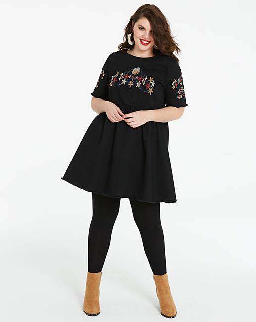 Embroidered Denim Smock Dress Simply Be