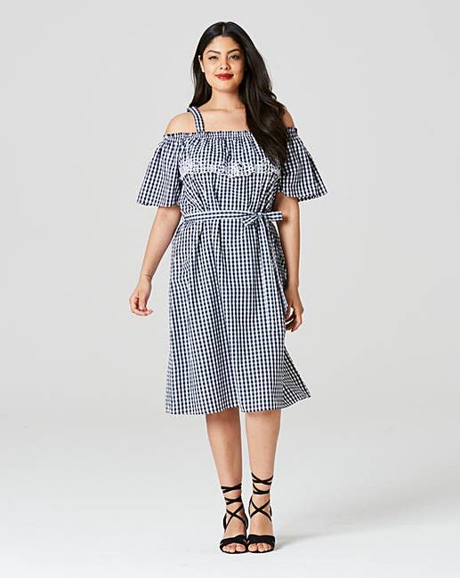 Gingham Bardot Embroidered Dress | Simply Be