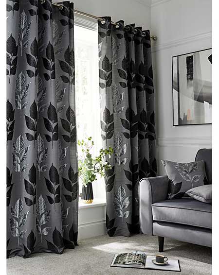 Blakely Leaf Jaquard Eyelet Curtains, Black And Grey Curtains