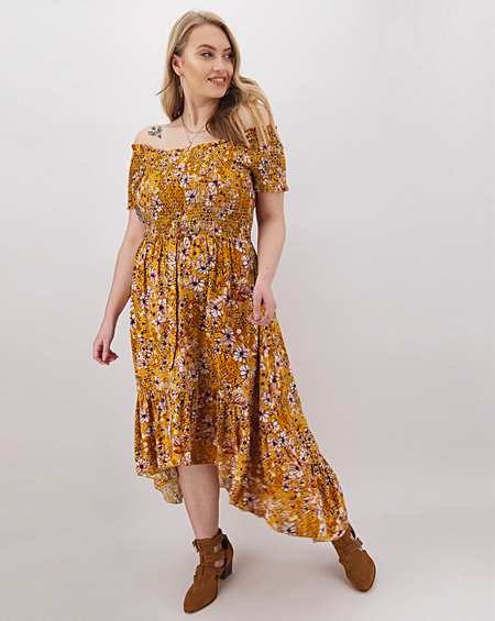 apricot bardot dress