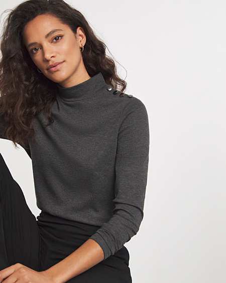 Button Trim High Neck Top Charcoal Marl