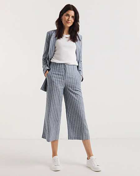 Blue Stripe Linen Straight Leg Culotte | Fashion World