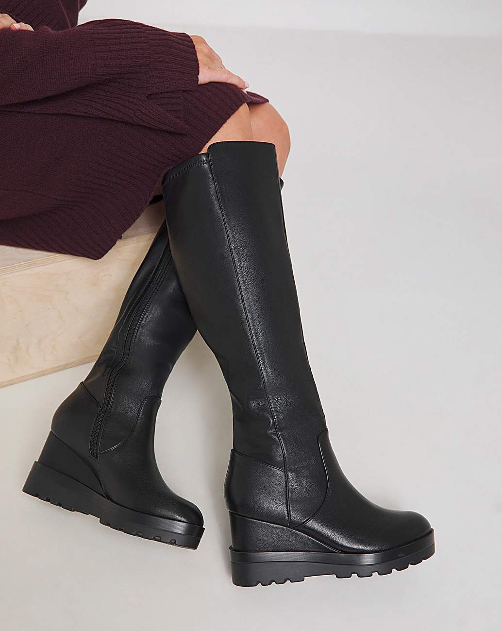 Black wedge knee high boots uk best sale