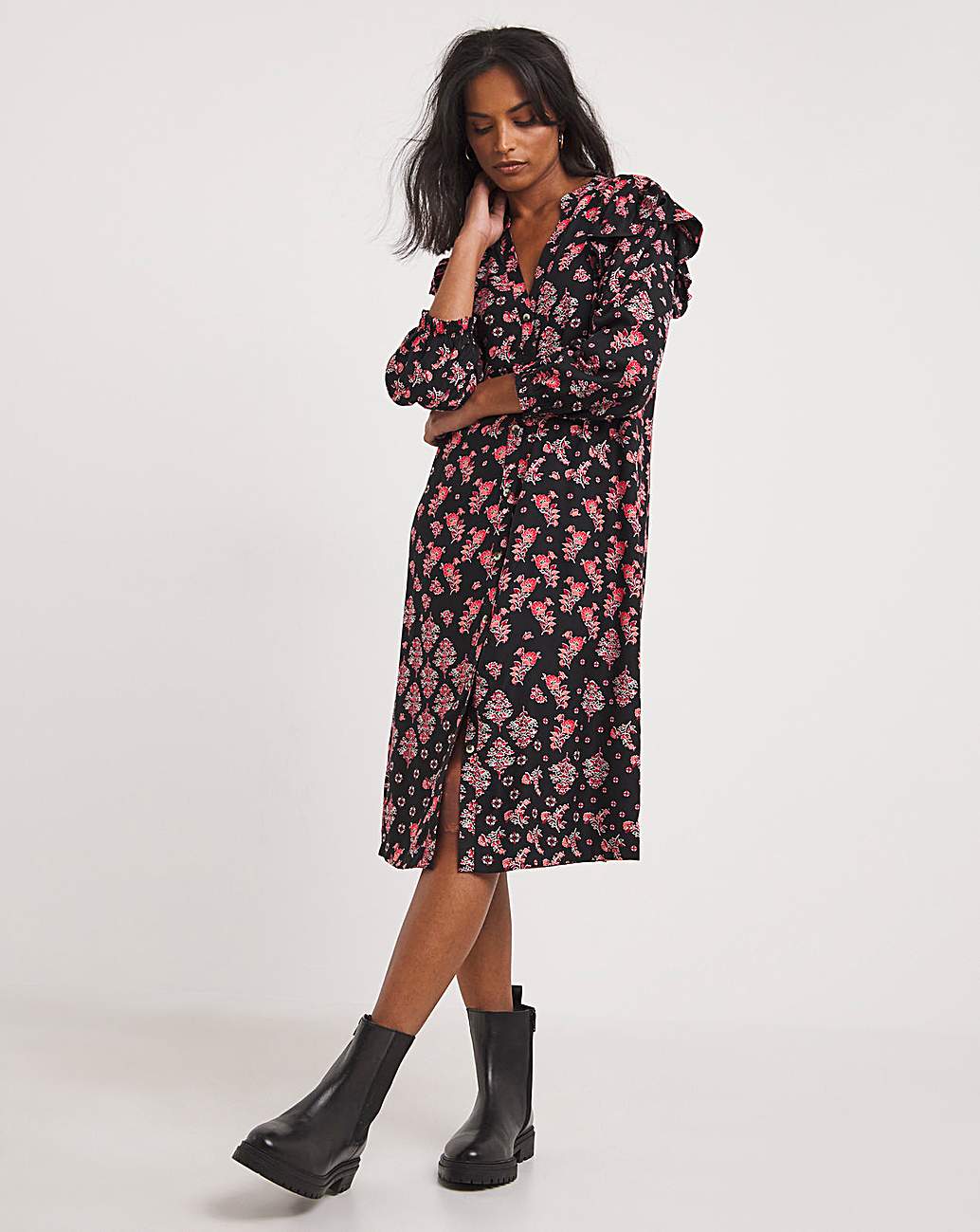 KNEE SHIRT DRESS IN FLORAL PRINTED VISCOSE TWILL-