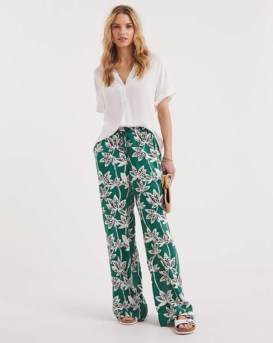 Trousers | Sage Green Tropical Palm Print Trousers | Yumi