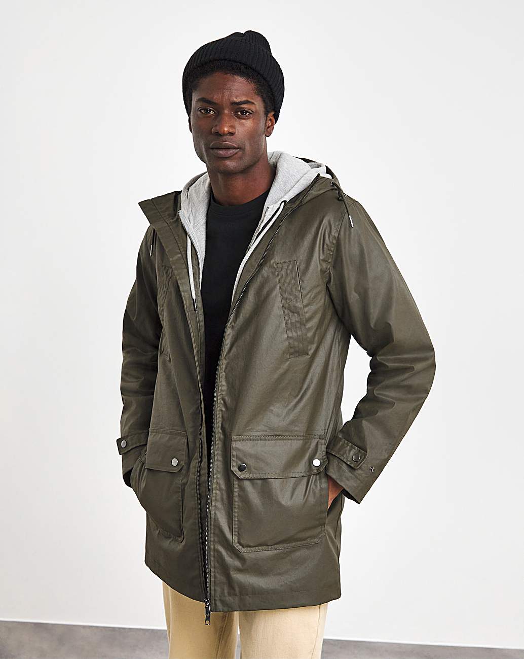 Khaki Cotton Wax Zip Up Jacket | Ambrose Wilson