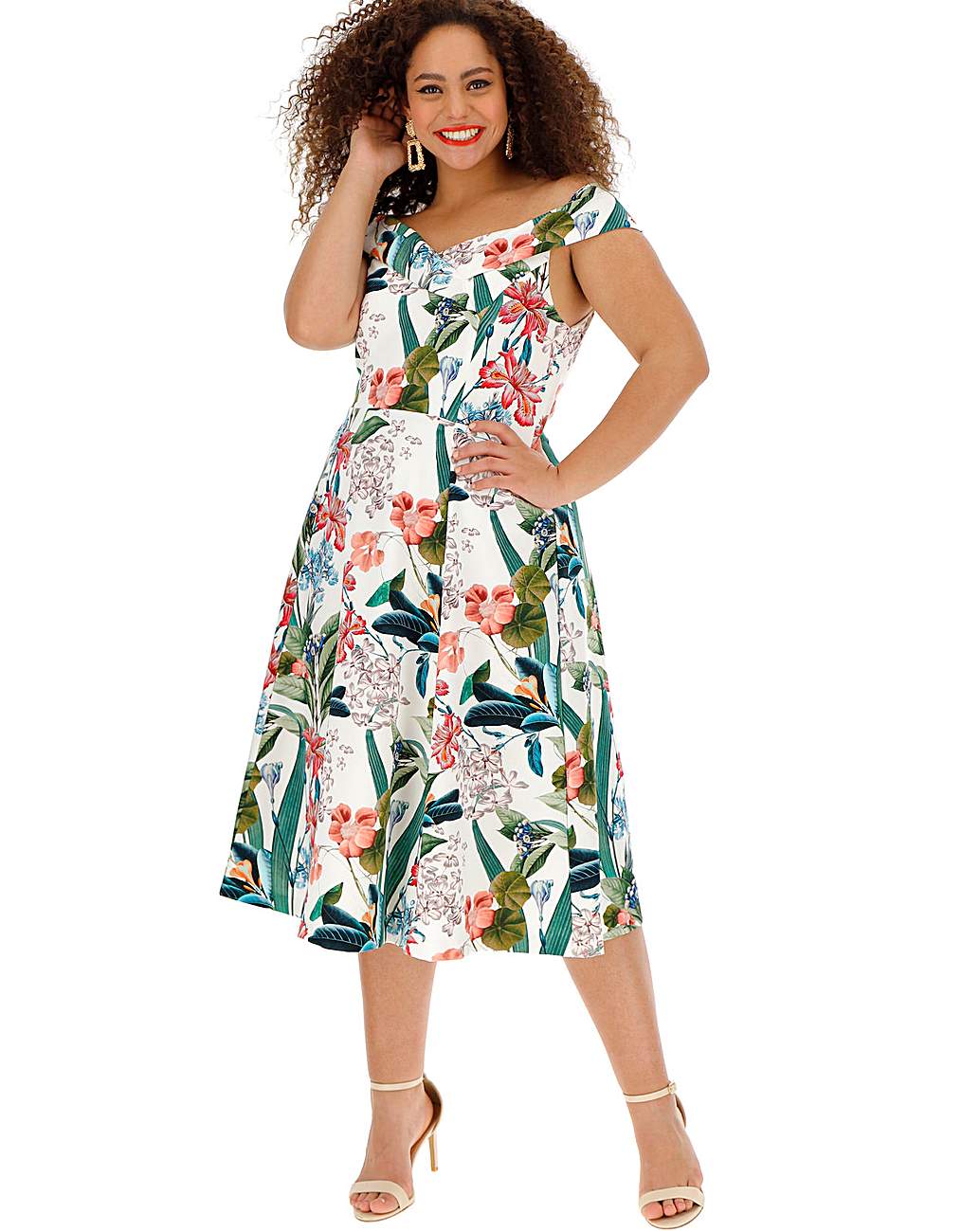 oasis tropical bardot midi dress