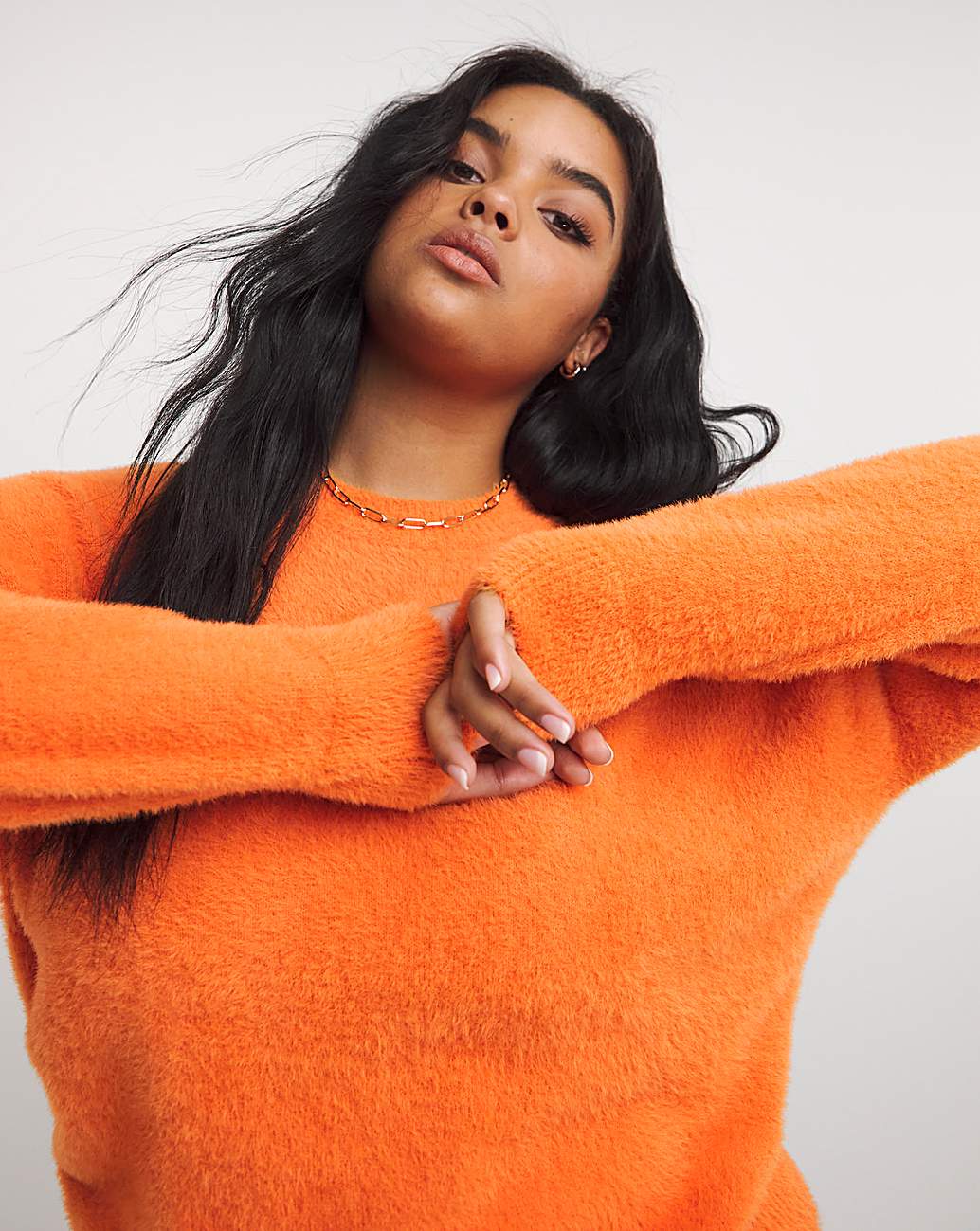 Orange Fluffy Crew Neck Jumper Fashion World