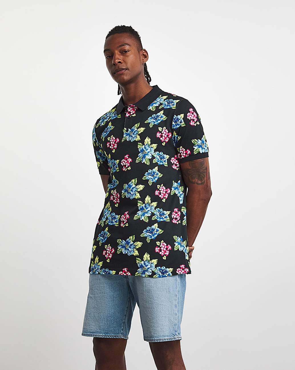 Black floral polo on sale shirt