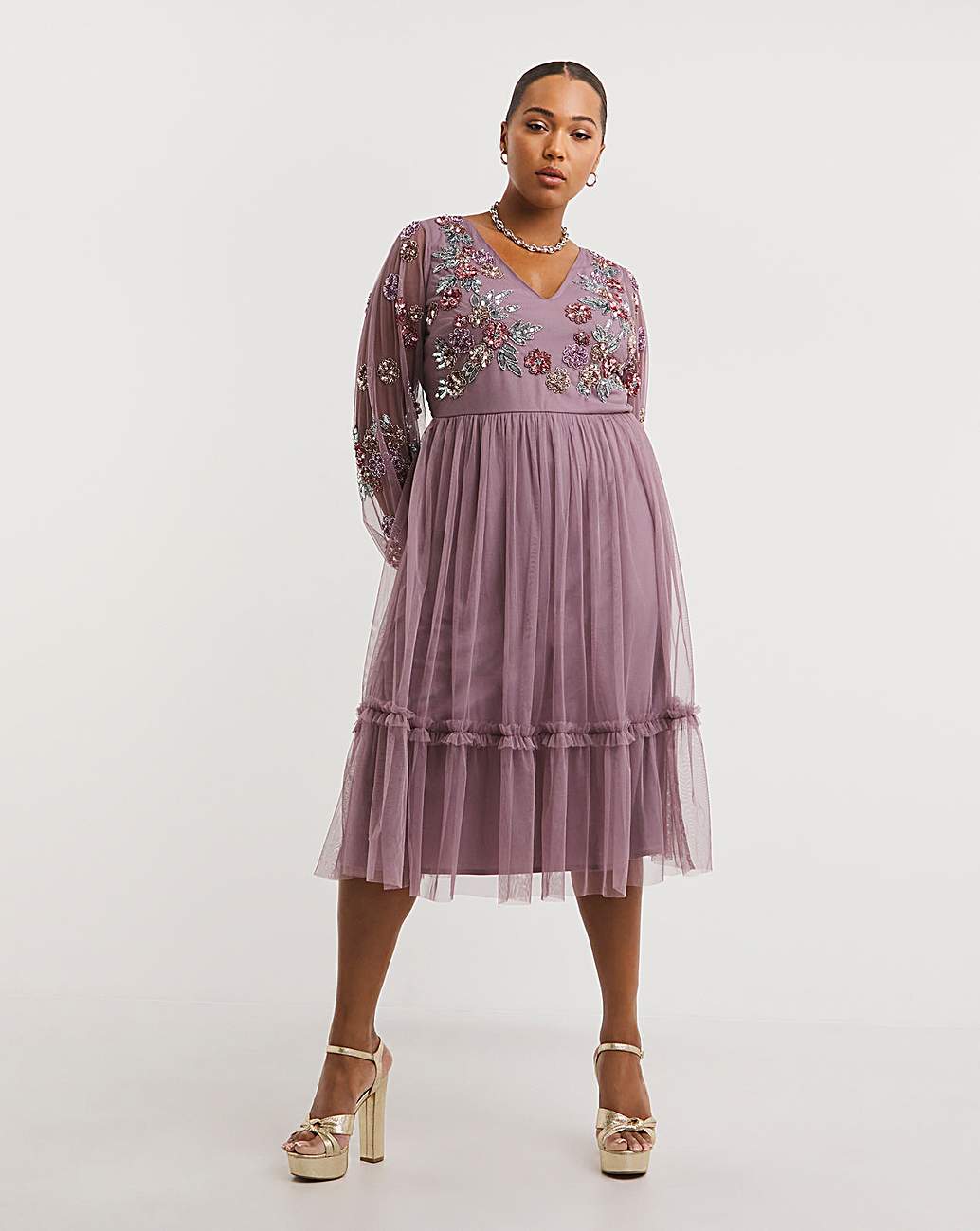 Asos tulle midi outlet dress with sheer sleeve