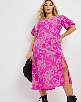 Pink Floral Angel Sleeve Midi Dress 