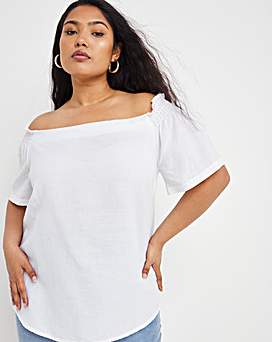 White Linen Mix Bardot Top | Simply Be