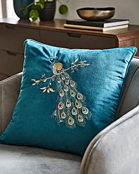 Teal velvet beaded peacock pillow sale