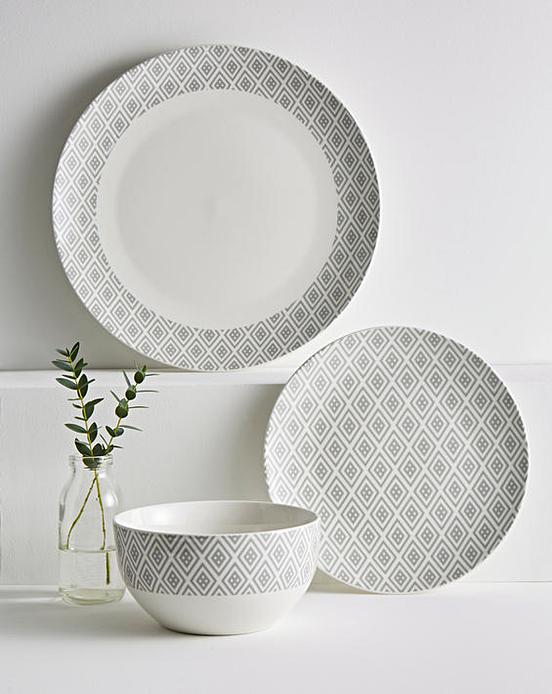 Grey Geo 12 Piece Dinner Set J D Williams