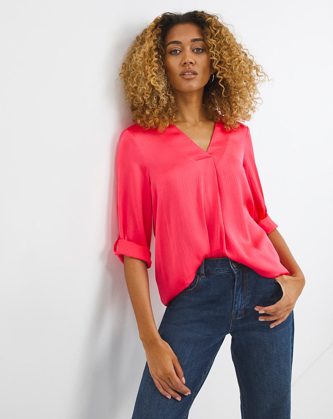 Textured Satin V Neck Pleat Back Top | J D Williams