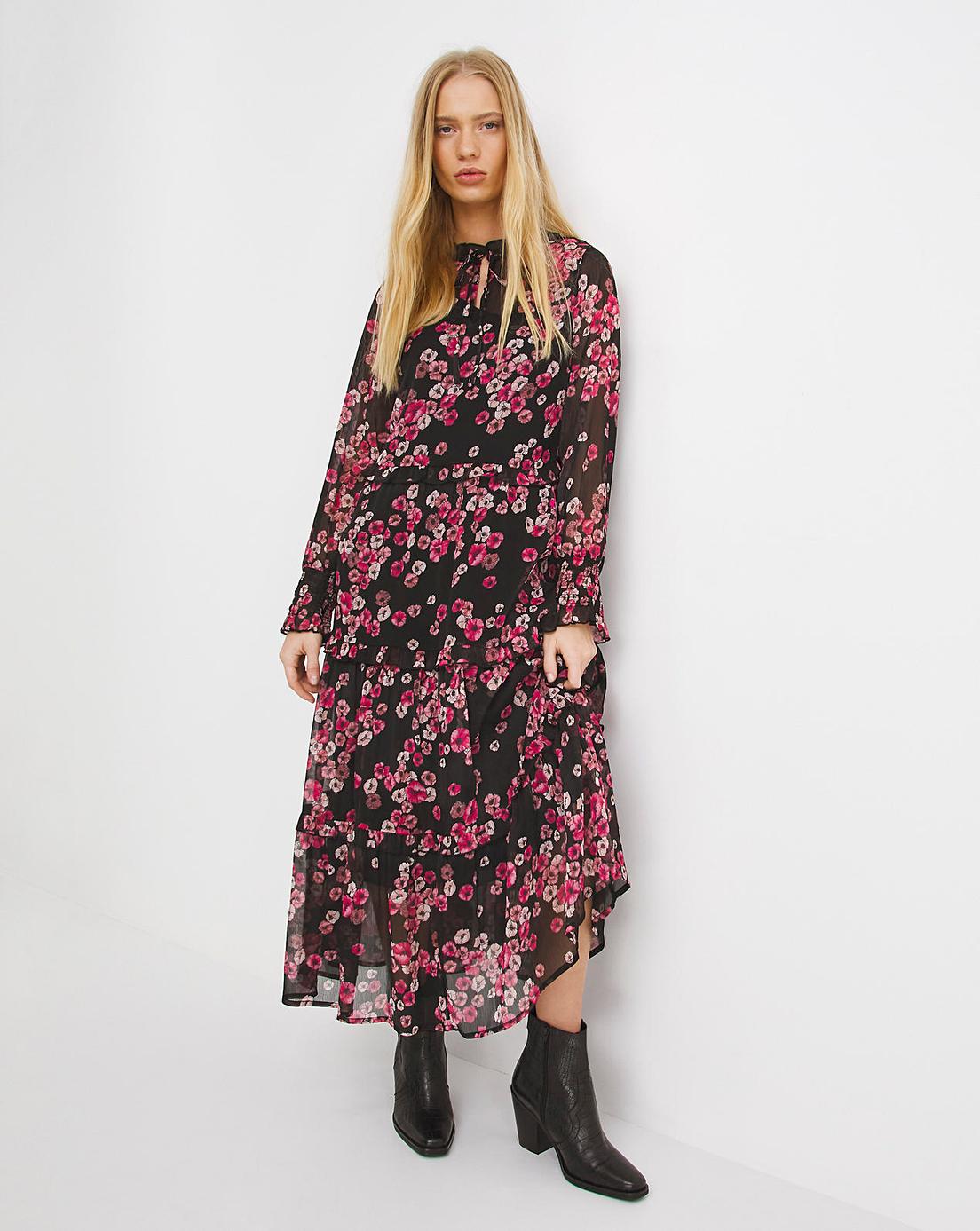 Poppy Print Chiffon Tiered Smock Dress J D Williams