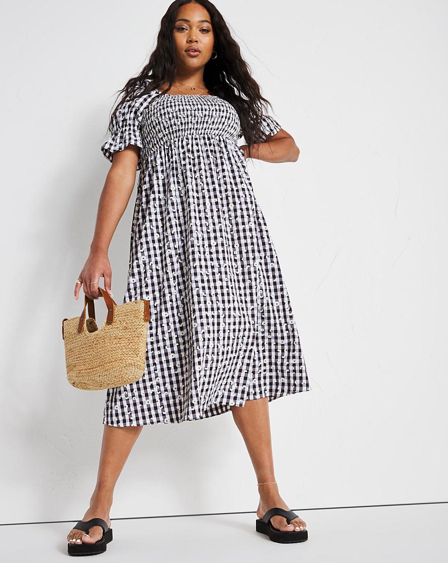 Gingham Daisy Shirred Dress | Simply Be