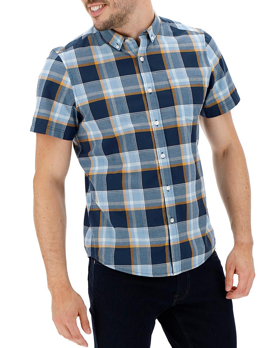 Blue/ Navy Short Sleeve Check Shirt Long | Jacamo