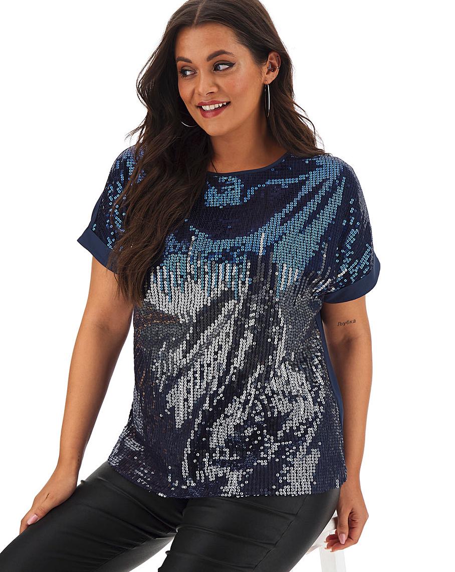 Navy Ombre Sequin Front Boxy Top | Simply Be