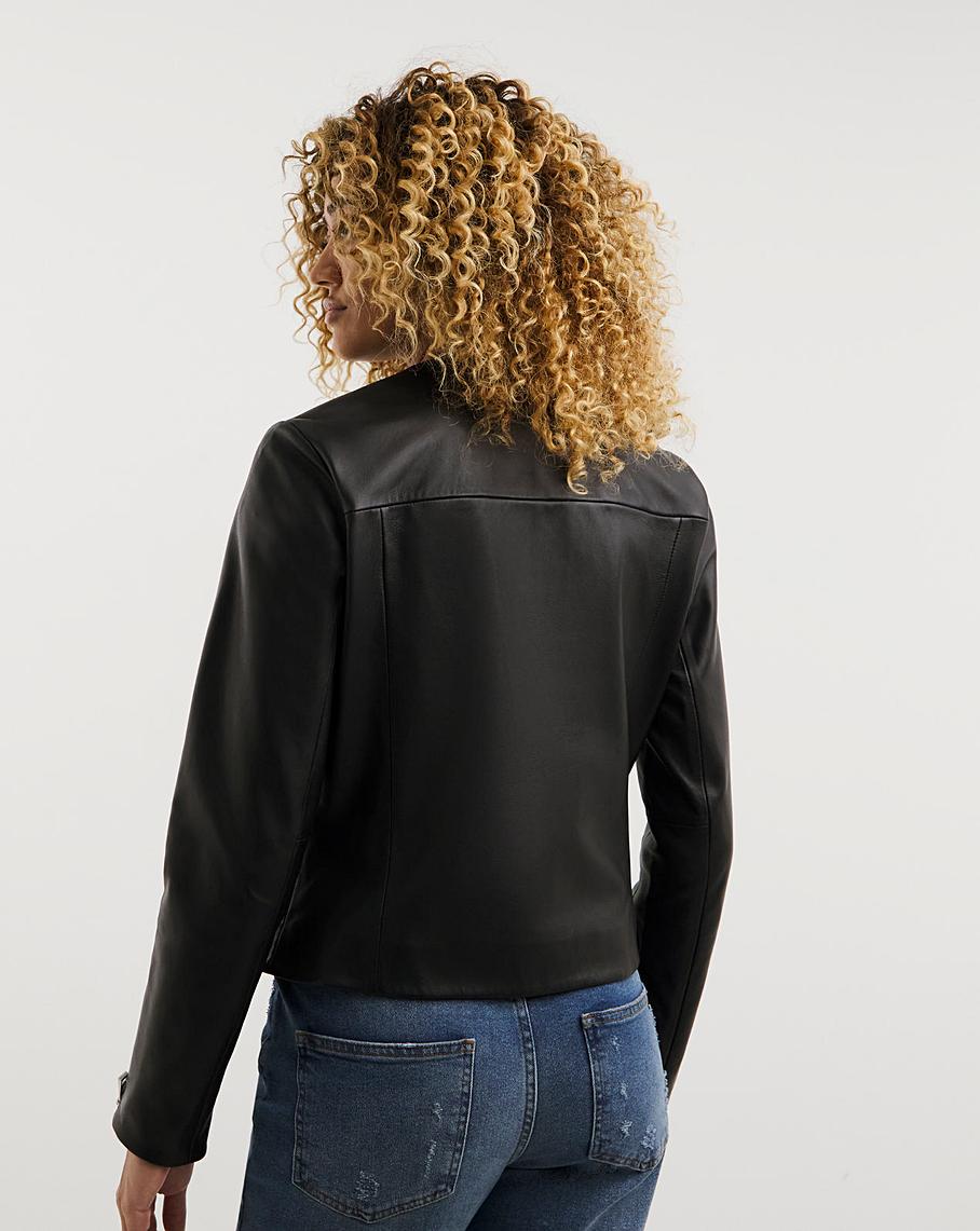 Black Collarless Leather Biker Jacket | Marisota