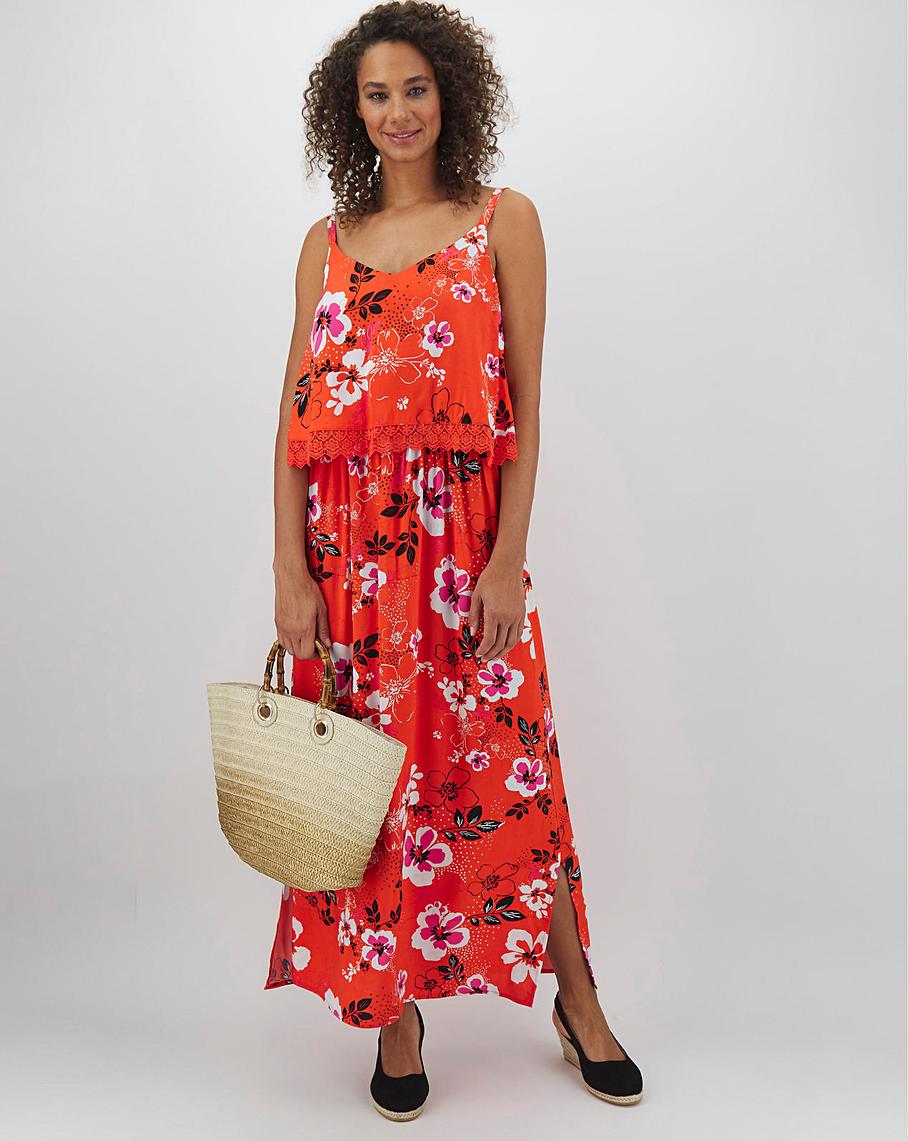 Red Floral Lace Trim Layer Maxi Dress | J D Williams