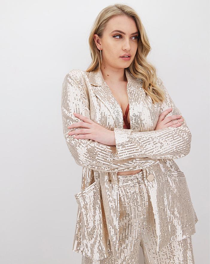 Champagne Longline Sequin Blazer | Simply Be