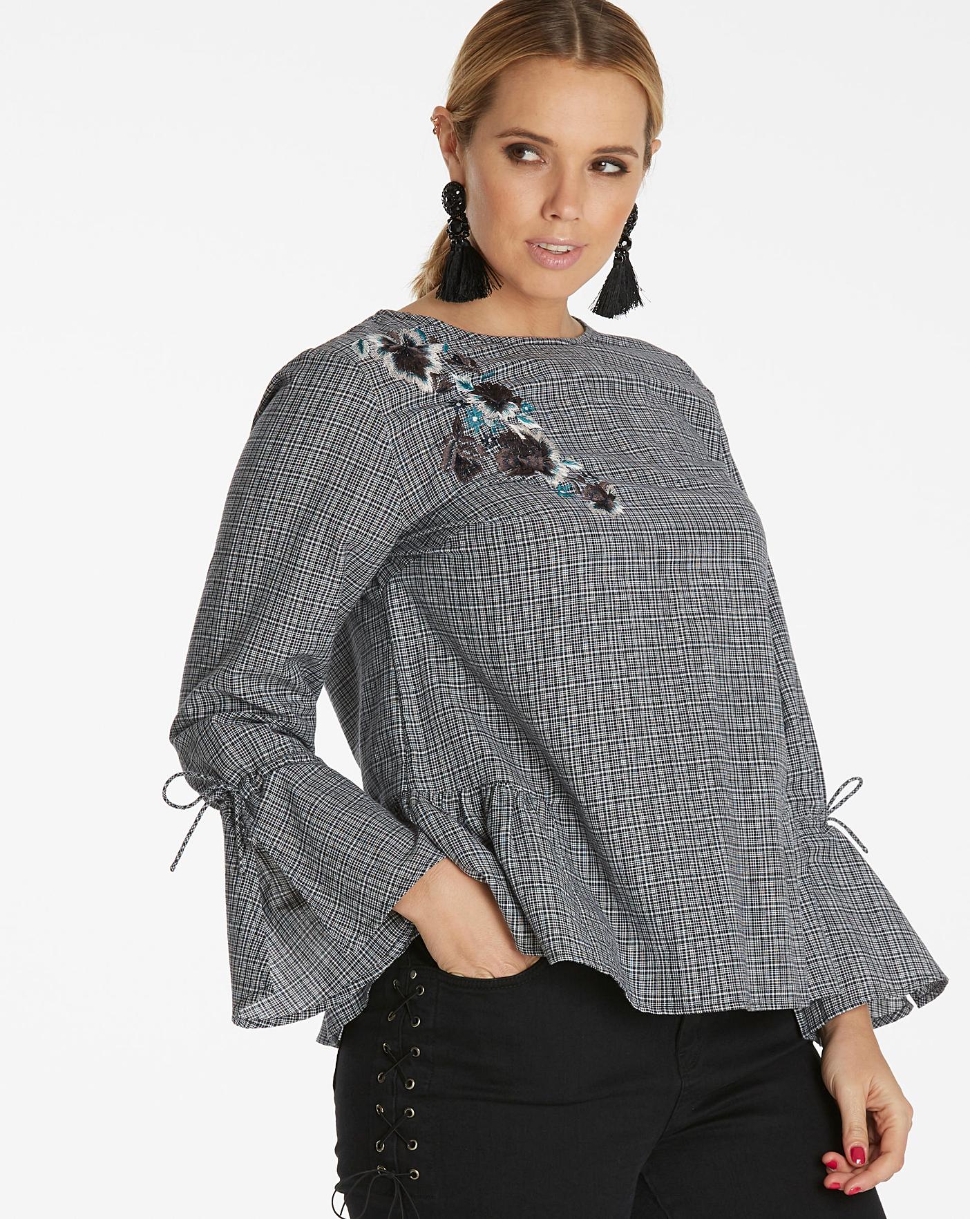 Black Check Peplum Top With Embroidery