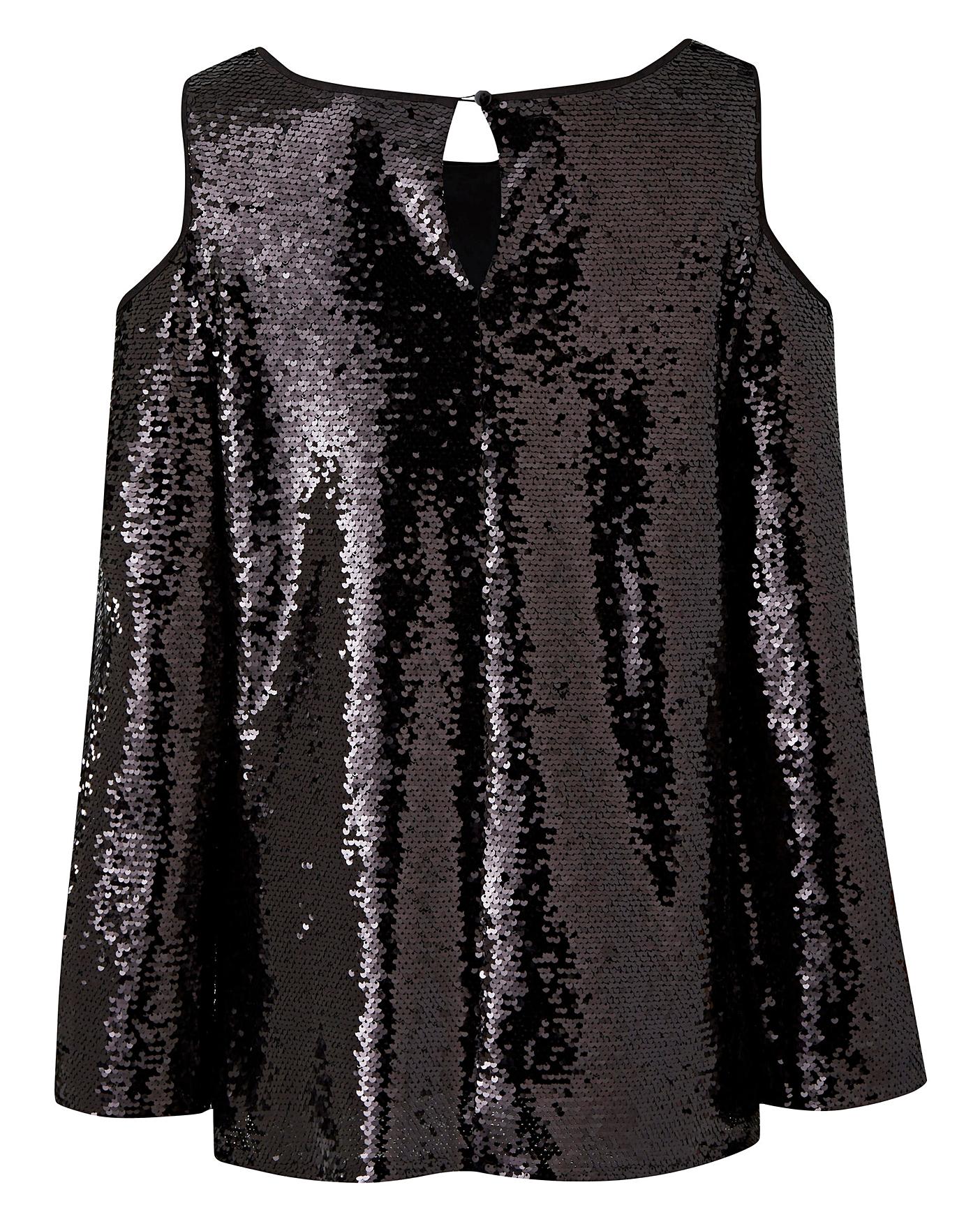 Black Sequin Cold Shoulder Top | Simply Be