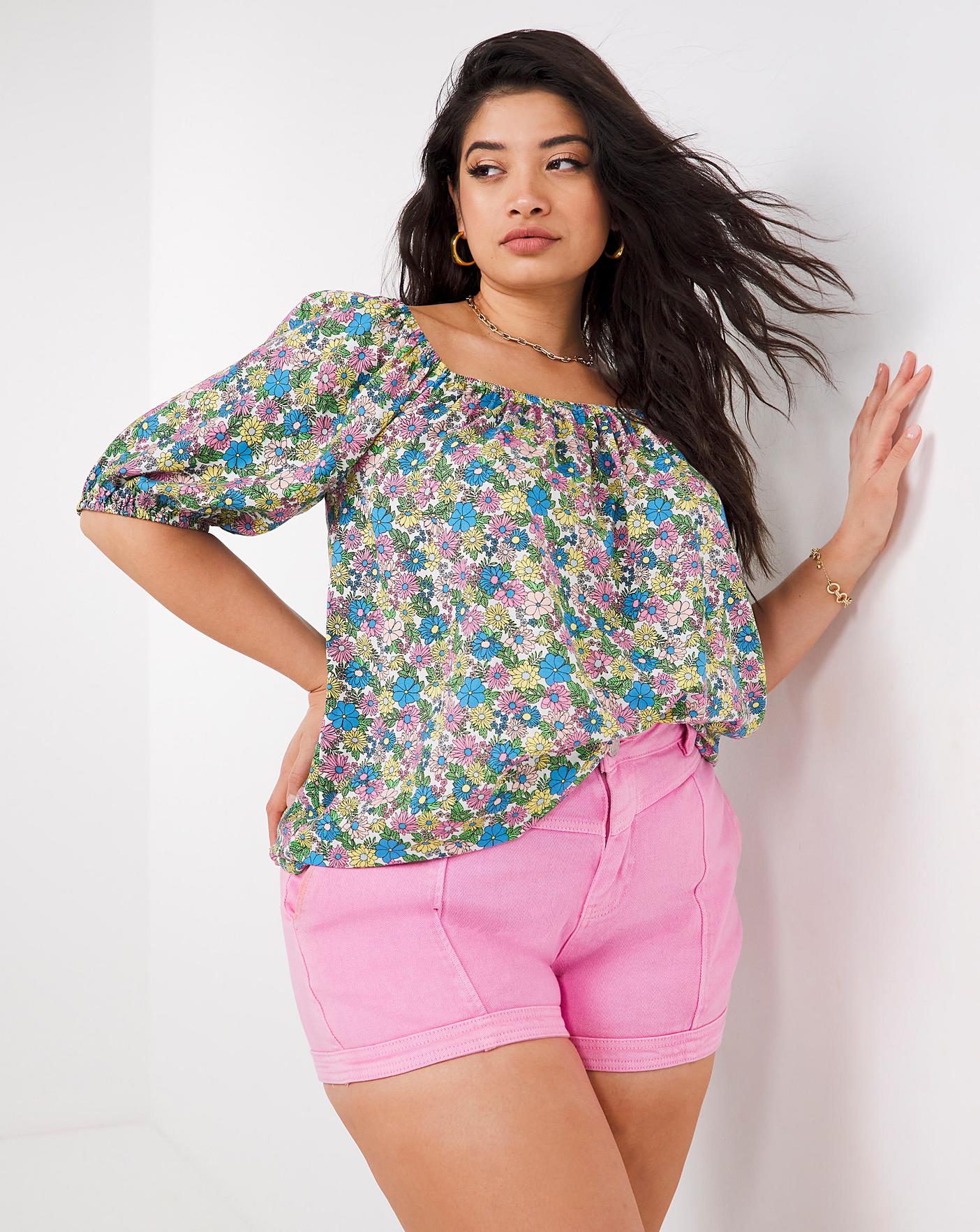 Retro Floral Short Sleeve Bardot Top | Fashion World