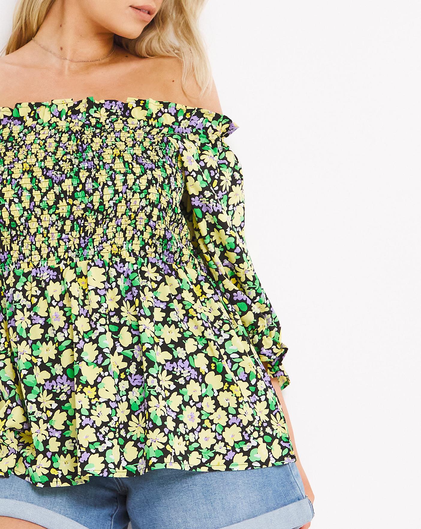 Floral Shirred Bardot Peplum Top Fashion World