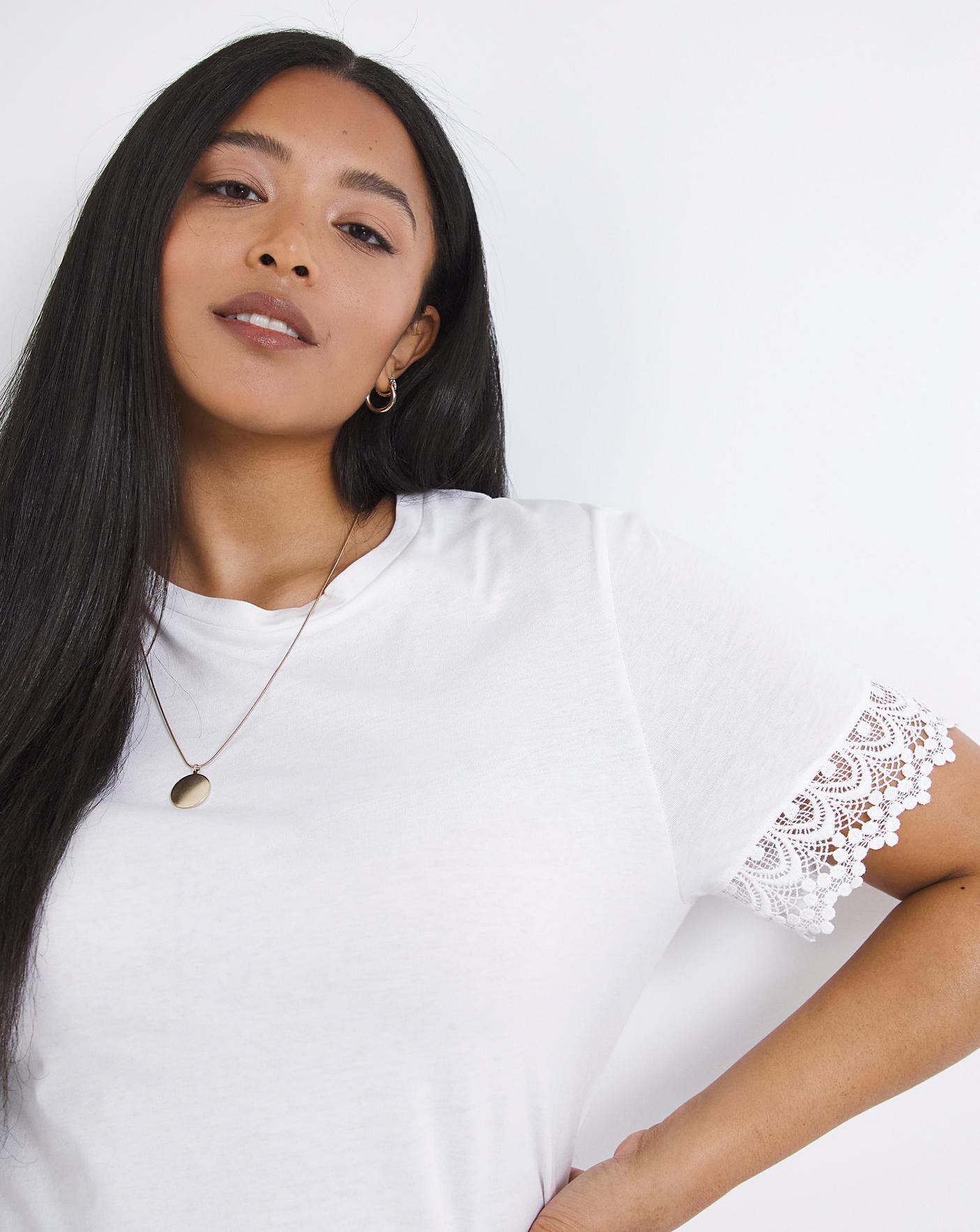 Women's POL Off White Lace Detail V-Neck Short Sleeve Textured T-Shirt