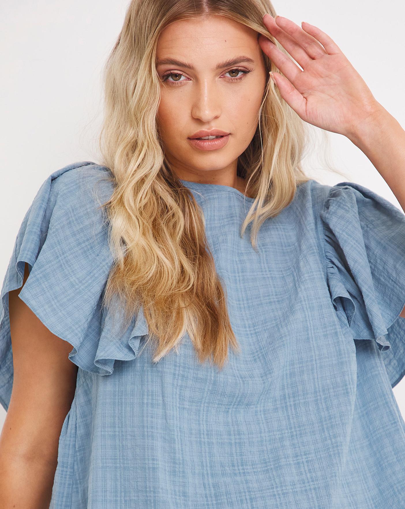 Checked Ruffle Sleeve Blouse Fashion World