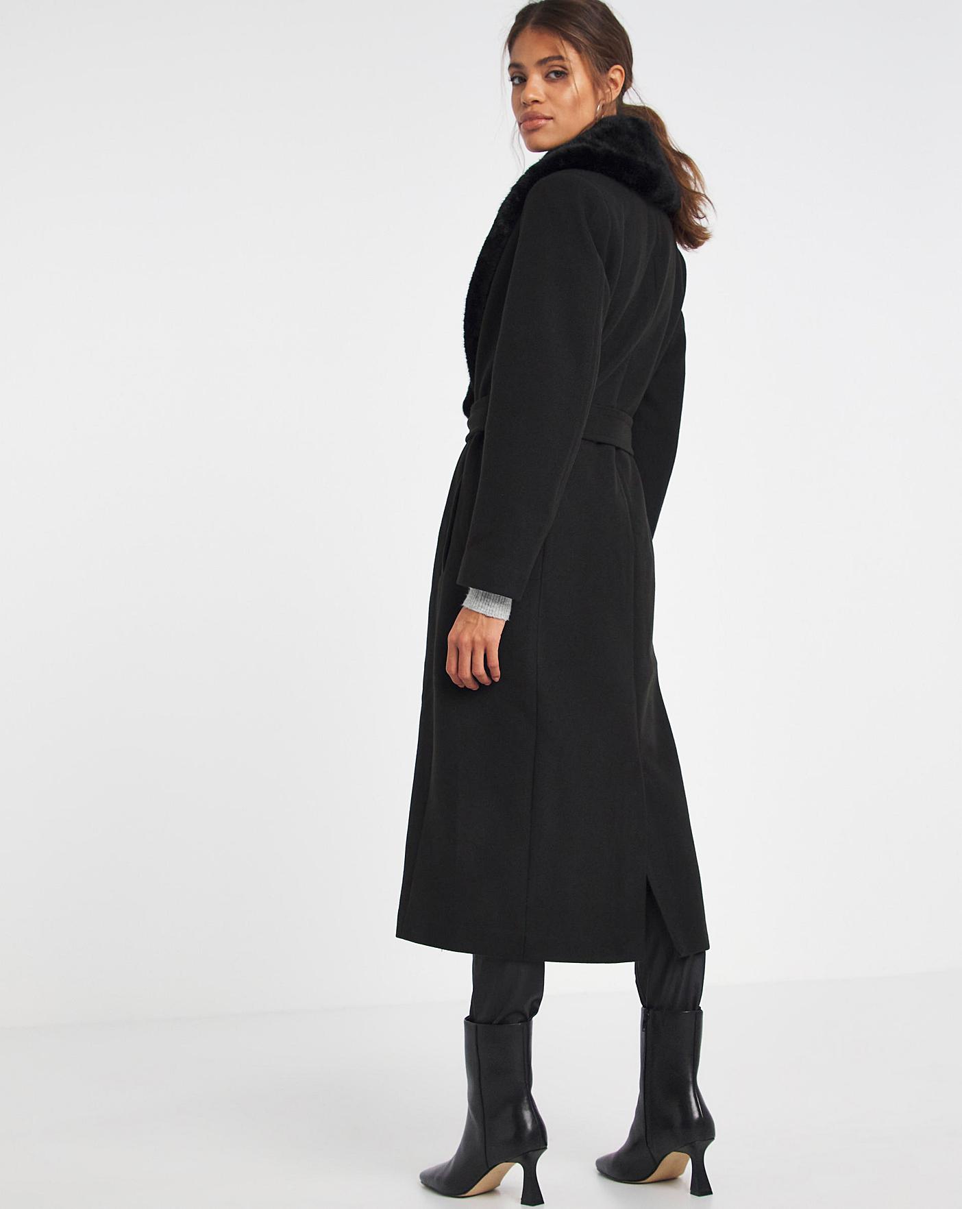 Black faux fur collar belted coat Clearance
